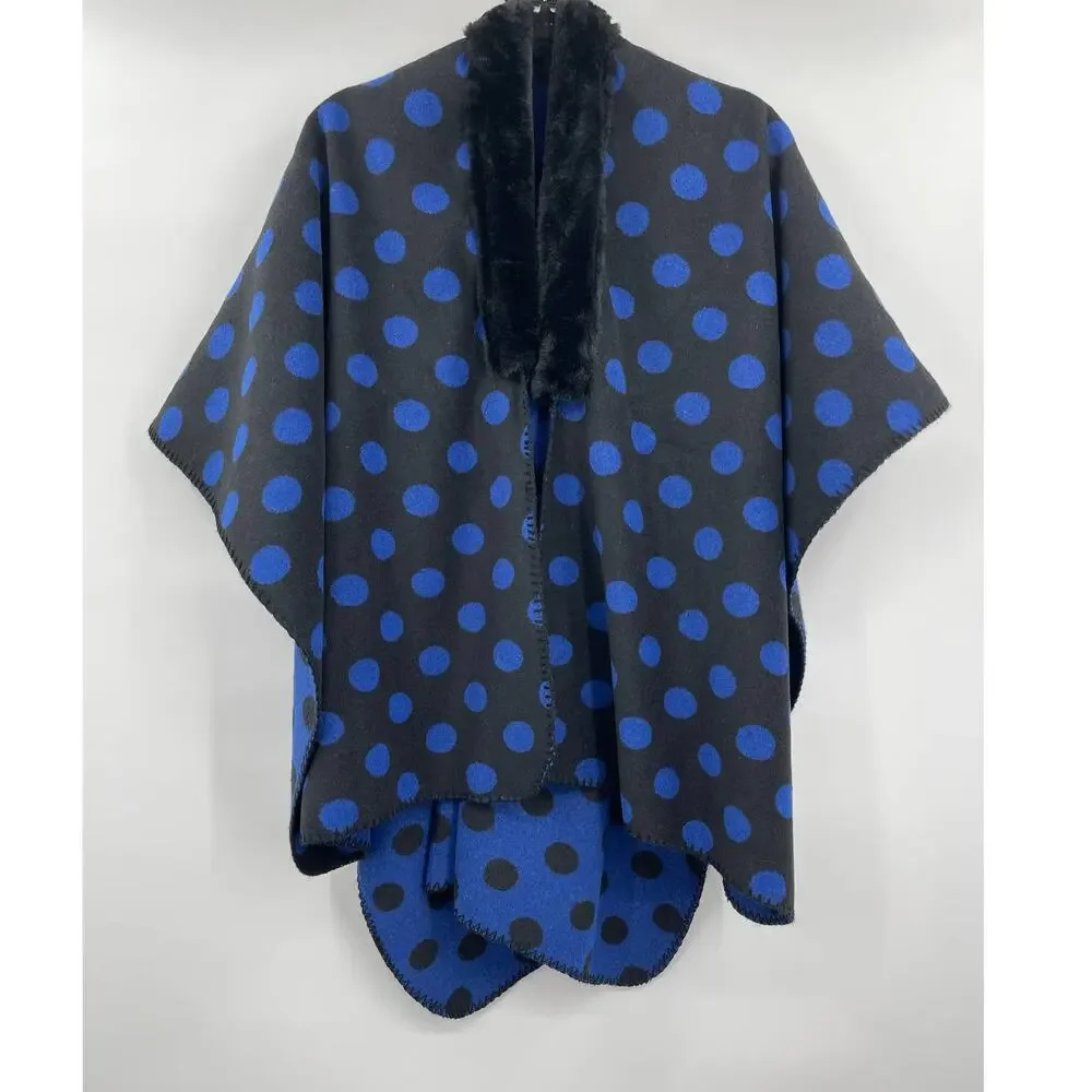 Loft Poncho Cardigan Faux Fur Trim Reversible Blue Black Polka Dots NEW Medium